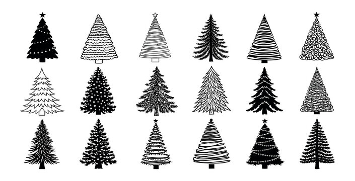 Hand drawn christmas trees collection black and white