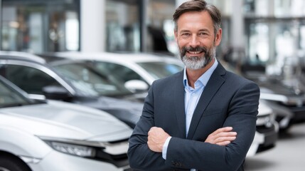 A smiling sales manager stands confidently in a luxury car dealership surrounded by sleek vehicles. The bright showroom highlights his professionalism and the quality of the cars on display.