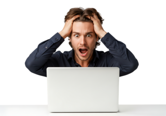 a surprised young man with hands in hair stares in shock at a laptop screen expressing extreme frustration on transparent background high quality