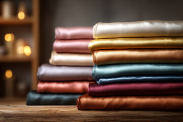 Stack of satin fabrics on wooden table