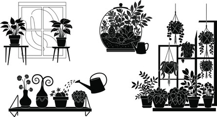 Black plant silhouettes, indoor potted plants, terrarium garden design, hanging planters, watering can, home gardening decor, botanical shelf arrangement