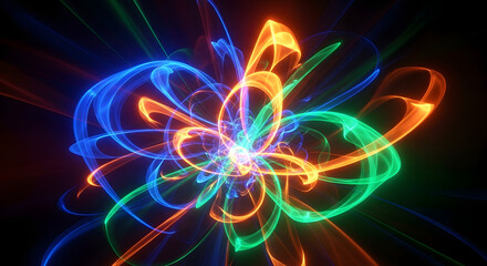 Abstract explosion of vibrant neon light trails in a dynamic swirling pattern against a dark background creating a sense of energy and motion