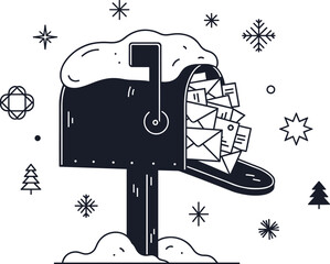 Snow-Covered Mailbox Overflowing with Letters Vector, Christmas Holiday Correspondence and Winter Mail