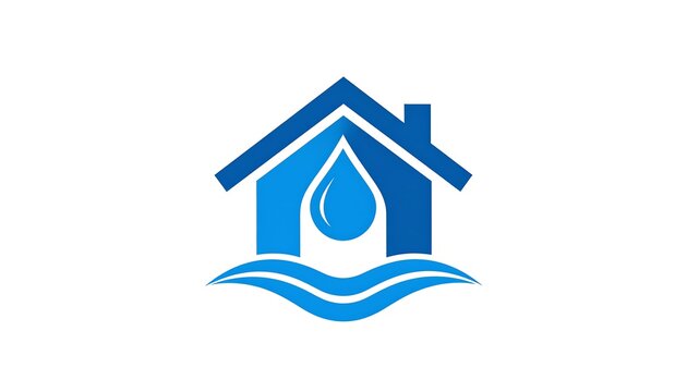 Stylized blue house outline with a water droplet inside and wavy base, on a plain white background