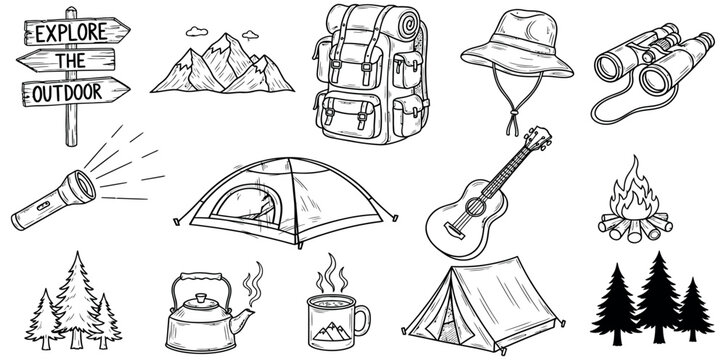 Camping and outdoor adventure sketch icons set collection