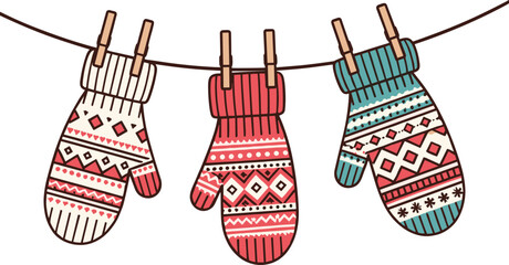 Vector Illustration of Knitted Winter Mittens Hanging on a Clothesline, Cozy Holiday Patterned Gloves