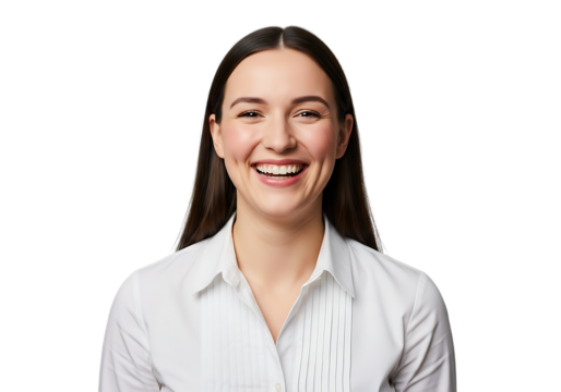 a close up portrait of a smiling young woman with brown hair wearing a white shirt looking directly at the camera on transparent