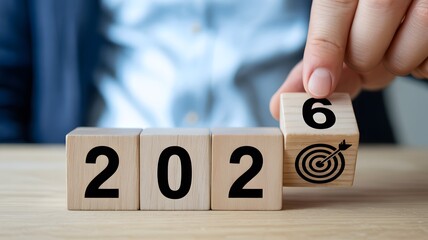 2026 business target concept with wooden number blocks and hand placing goal icon for future planning