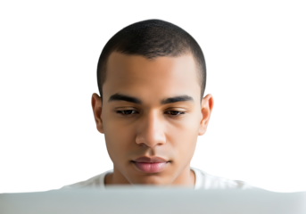 a close up portrait of a young man with a buzz cut looking down thoughtfully at a laptop screen on transparent background