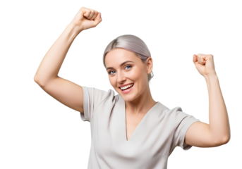 a portrait of a smiling young woman with silvery gray hair raising her arms in celebration on transparent background high quality professional detailed