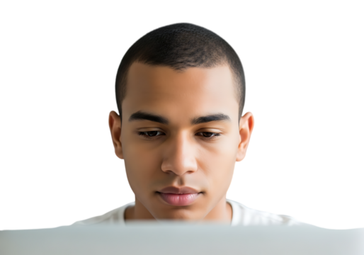 a close up portrait of a young man with a buzz cut looking down thoughtfully at a laptop screen on transparent background