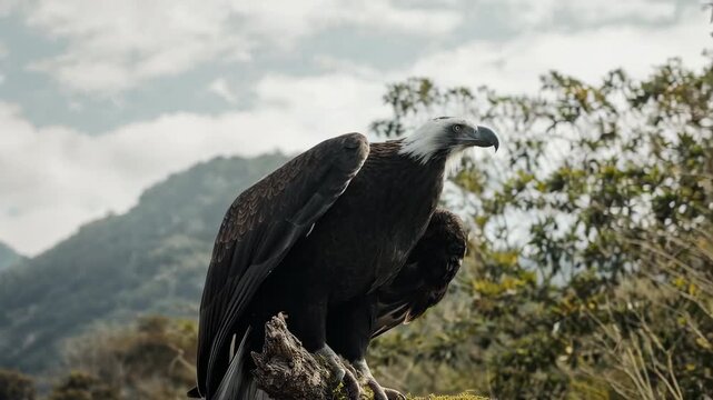 Majestic condor perched atop a weathered branch, gazing intently at the scenery. Its sharp gaze, a testament to its hunting prowess, coupled with the rugged backdrop.