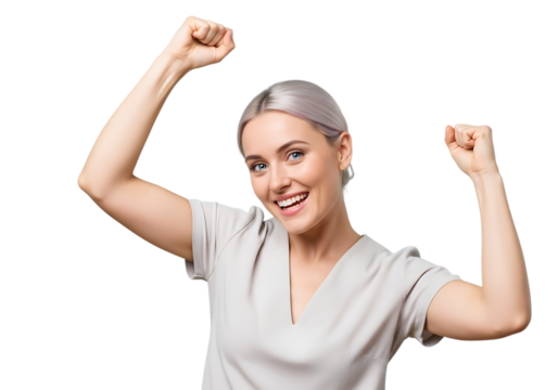 a portrait of a smiling young woman with silvery gray hair raising her arms in celebration on transparent background high quality professional detailed
