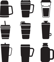 Black and White Silhouette Illustration of Travel Mug Designs Metal Thermos Plastic Cup Glass Tumbler Insulated Flask Collapsible Reusable Slim Handle