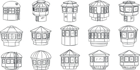 Outline vector illustration set of various architectural designs featuring unique dome-shaped houses and structures for creative projects