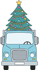 Vintage Truck Carrying Decorated Christmas Tree Vector Illustration, Holiday Delivery and Festive Travel