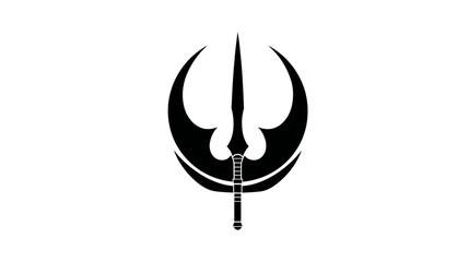 Minimalist black silhouette emblem: a stylized sword framed by two crescent moon shapes on white background