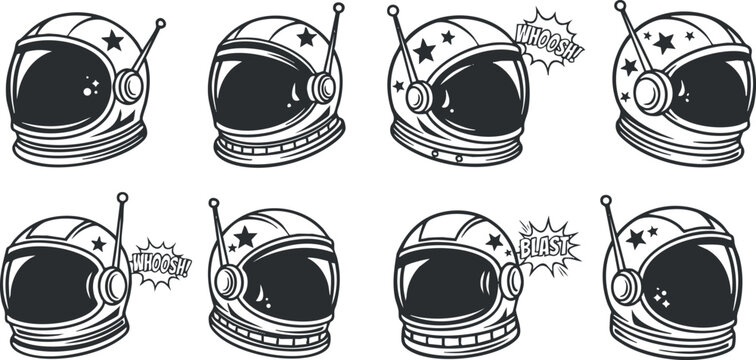 Playful vector illustration set of astronaut helmets with comic sound effects like 'Whoosh' and 'Blast' for fun designs