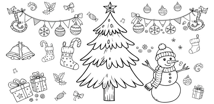 Christmas tree and decorations coloring page line art illustration