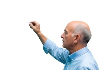 a side profile of a mature man with gray hair writing on a whiteboard with a white marker on transparent background high quality