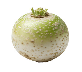 Close-up of a round, pale green and white root vegetable, with small, speckled spots and a light green stem