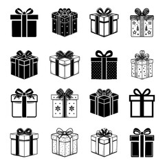 A large set of wrapped gift boxes with bows and patterns representing celebration, festive giving, holiday surprises and joyful occasions.