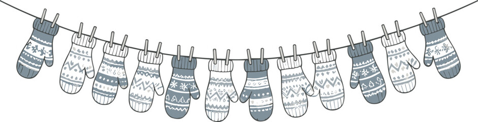 Vector Illustration of Knitted Winter Mittens Hanging on a Clothesline, Cozy Holiday Patterned Gloves