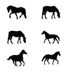 Silhouetted horses in various poses including walking grazing and running on a white background pattern