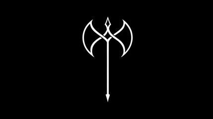 Ornate white stylized double axe symbol on a black background. Ancient weapon emblem with a minimalist, fantasy and mythology design.