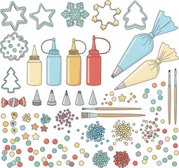 Vector Set of Baking and Cookie Decorating Supplies, Icing Bags, Cutters, and Sprinkles Illustration
