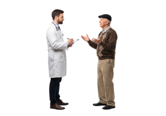 a doctor in a white coat is consulting with a senior man both facing each other and engaged in conversation on transparent background