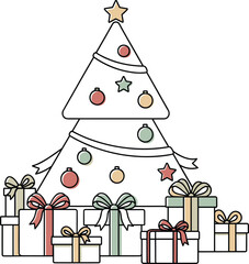 Minimalist Christmas Tree and Presents Vector, Holiday Gifts, Ornaments, and Festive Celebration Scene