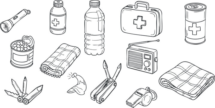 Outline vector illustration of emergency survival kit items including medical supplies, tools, and essentials for preparedness.