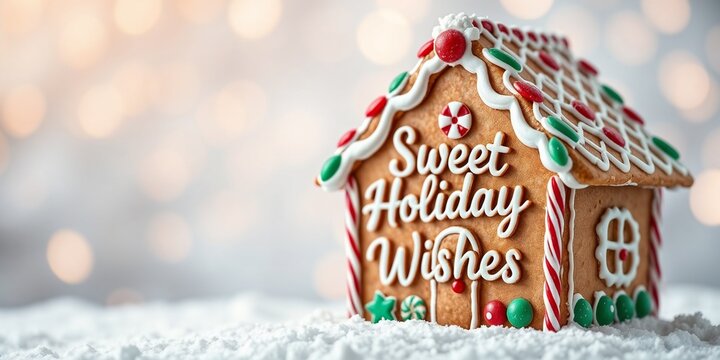 Festive gingerbread house decorated with icing and holiday wishes  