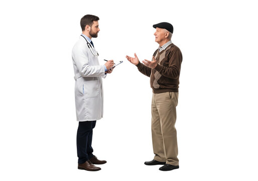 a doctor in a white coat is consulting with a senior man both facing each other and engaged in conversation on transparent background