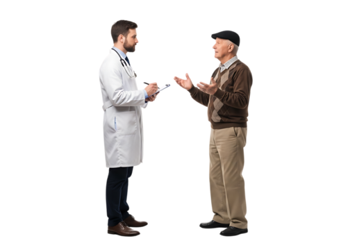 a doctor in a white coat is consulting with a senior man both facing each other and engaged in conversation on transparent background