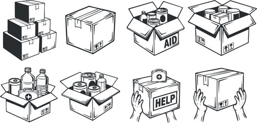 Outline vector illustration featuring various boxes for aid and help, suitable for charity and humanitarian projects