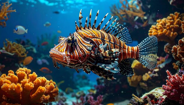 Striking lionfish swims in a vibrant coral reef, surrounded by other colorful fish in clear blue waters - Powered by Adobe