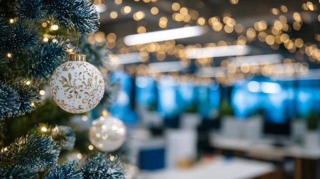 313Close-up of ornaments on Christmas tree in workplace, tiny lights and festive details highlighted, office workers and desks softly blurred behind, seasonal corporate setting
