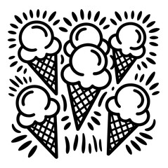 Ice cream Hand drawn doodle set. Different types, waffle cone, cup ice cream, popsicle, sundae. Sketch style cafe menu, card, birthday card decoration.

