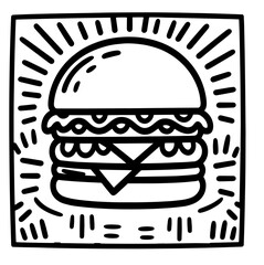 Black and white sketch of a detailed hamburger with cheese and lettuce. Vector illustration
