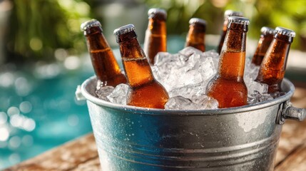 Bottles of craft beer are nestled in a metal bucket filled with ice creating a refreshing scene. The setting is sunny and near a sparkling pool perfect for relaxation.