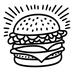 Black and white sketch of a detailed hamburger with cheese and lettuce. Vector illustration

