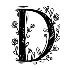 Black floral alphabet, botanical monogram vector letters with black line art flowers, leaves and thorns
