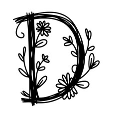 Black floral alphabet, botanical monogram vector letters with black line art flowers, leaves and thorns
