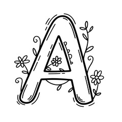 Black floral alphabet, botanical monogram vector letters with black line art flowers, leaves and thorns
