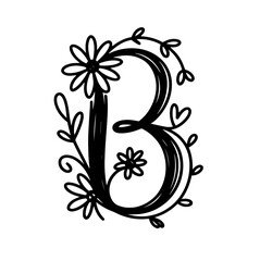 Black floral alphabet, botanical monogram vector letters with black line art flowers, leaves and thorns
