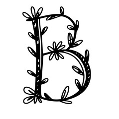 Black floral alphabet, botanical monogram vector letters with black line art flowers, leaves and thorns
