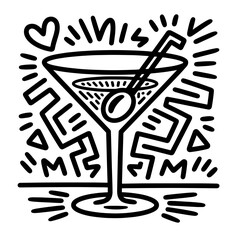 Cocktails alcoholic martini, aperol spritz in ink doodle style. Hand drawn collection of drink. Italian style wedding dinner icons.
