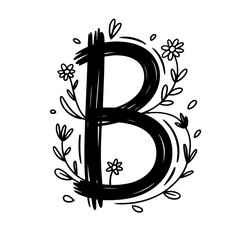 Black floral alphabet, botanical monogram vector letters with black line art flowers, leaves and thorns
